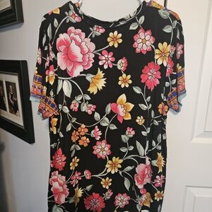 Johnny Was Black Floral Top with Pink and Yellow Accents